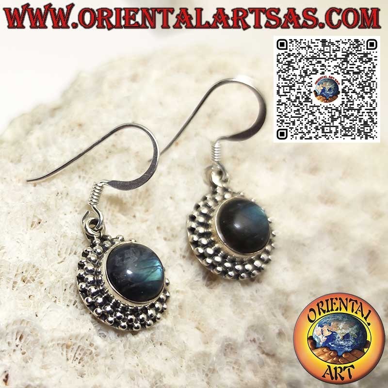 Pendientes de plata con labradorita natural redonda rodeada de esferas