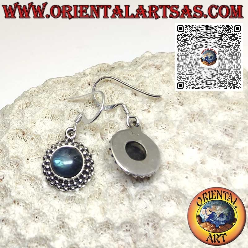 Pendientes de plata con labradorita natural redonda rodeada de esferas