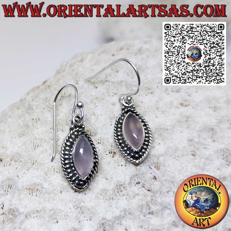 Boucles d'oreilles en argent avec quartz rose navette entouré de sphères