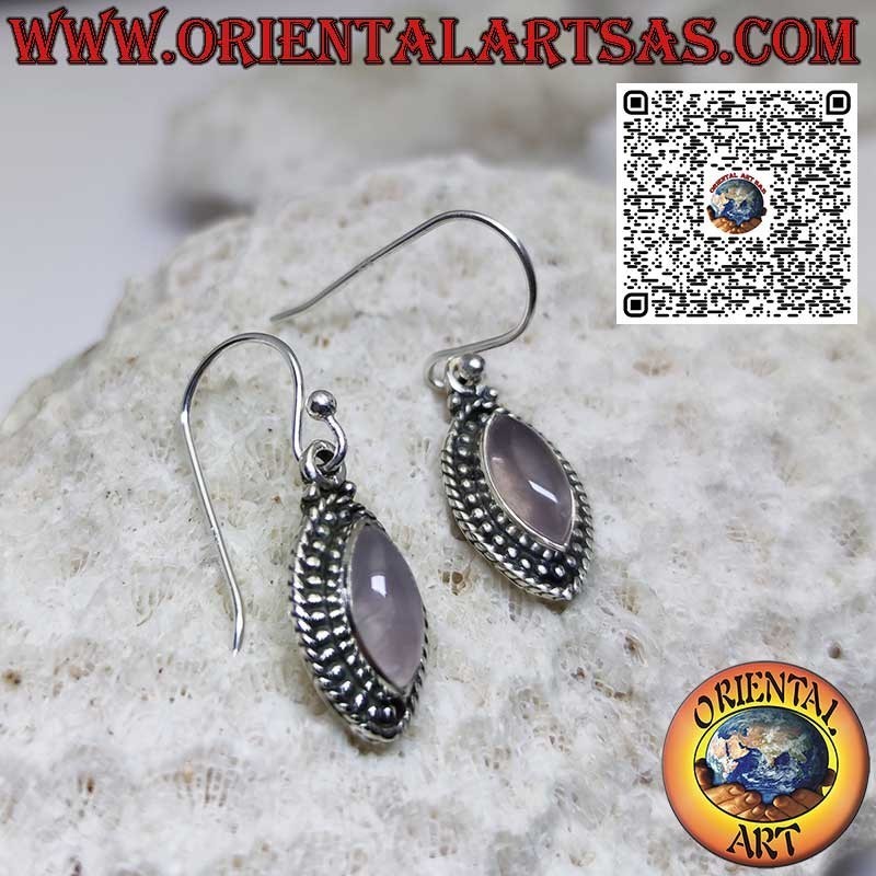 Silver earrings with pink quartz shuttle and surrounded by spheres