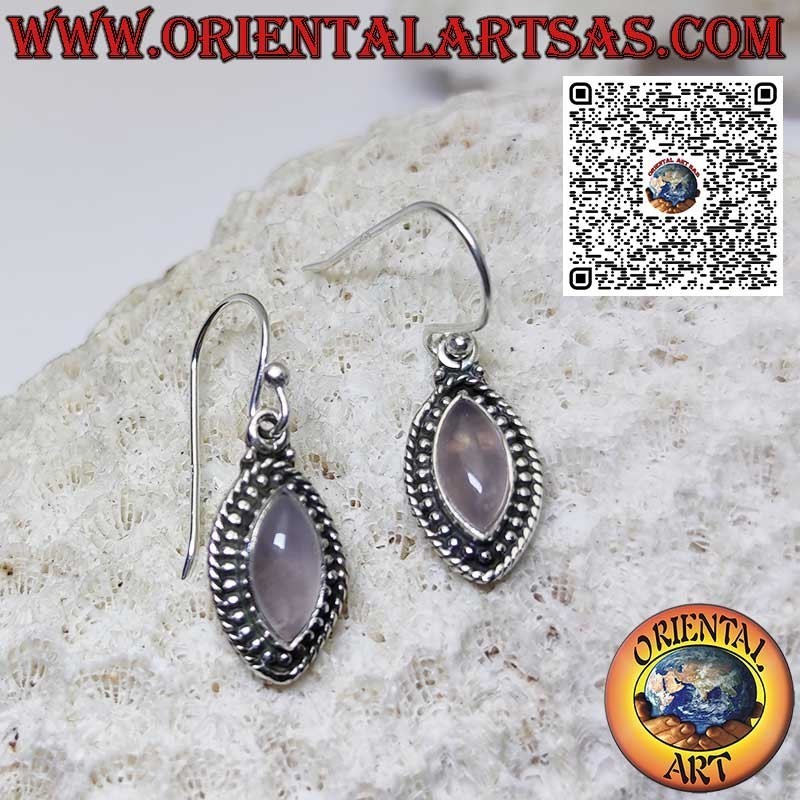Boucles d'oreilles en argent avec quartz rose navette entouré de sphères