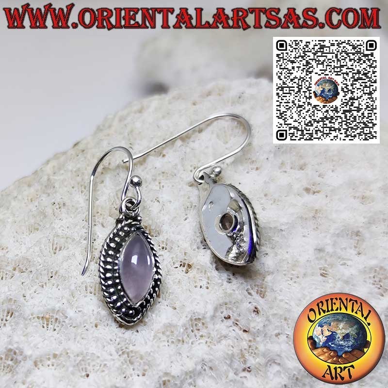 Boucles d'oreilles en argent avec quartz rose navette entouré de sphères