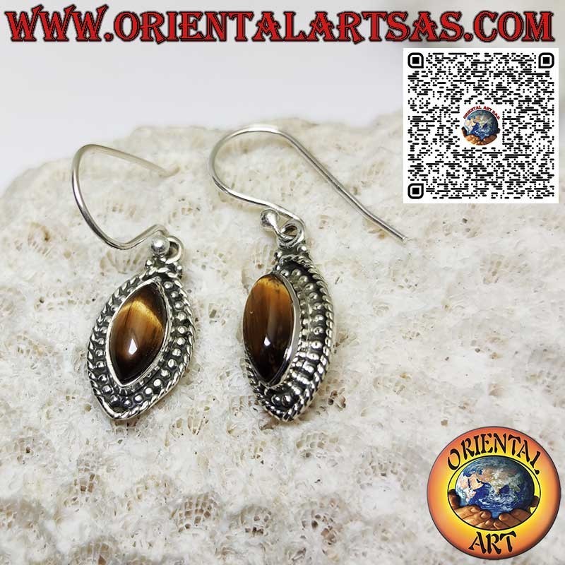 Boucles d'oreilles en argent avec oeil de tigre navette entouré de sphères