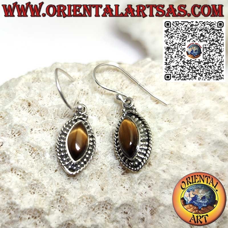Silver earrings with shuttle tiger eye surrounded by spheres