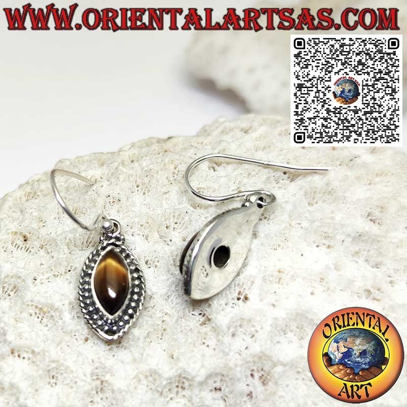 Silver earrings with shuttle tiger eye surrounded by spheres