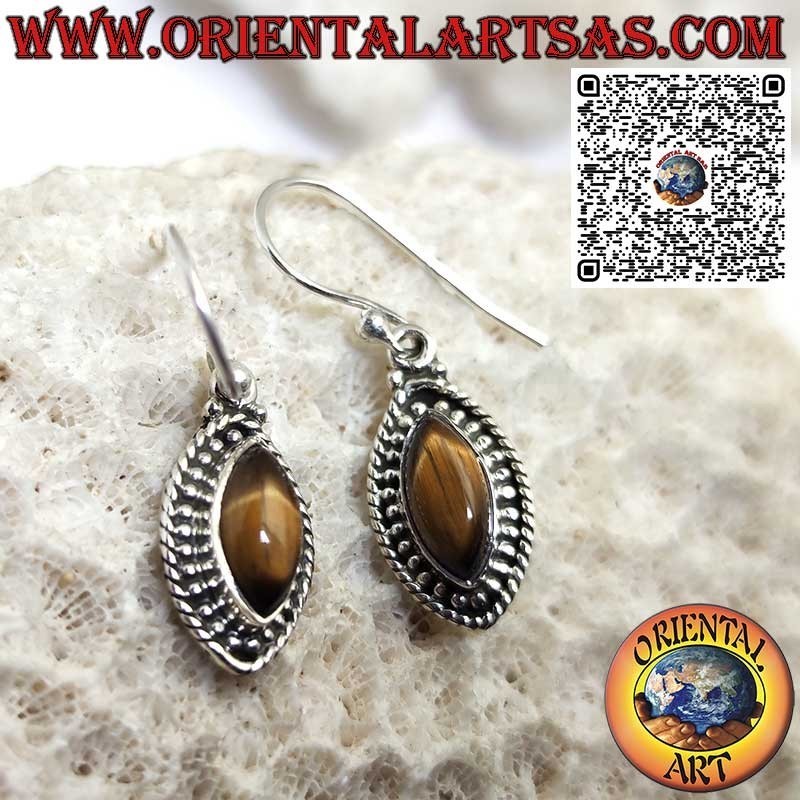 Silver earrings with shuttle tiger eye surrounded by spheres