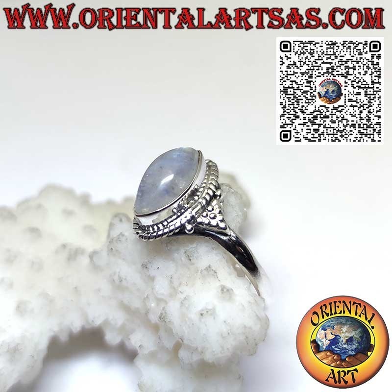 Bague en argent avec ensemble de pierres de lune arc-en-ciel navette