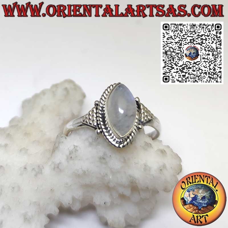 Silver ring with shuttle rainbow moonstone set