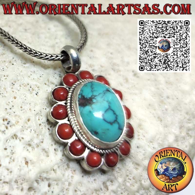 Silver pendant with oval natural Tibetan turquoise and 13 corals