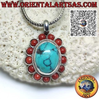 Pendentif en argent avec turquoise tibétaine naturelle ovale et 13 coraux