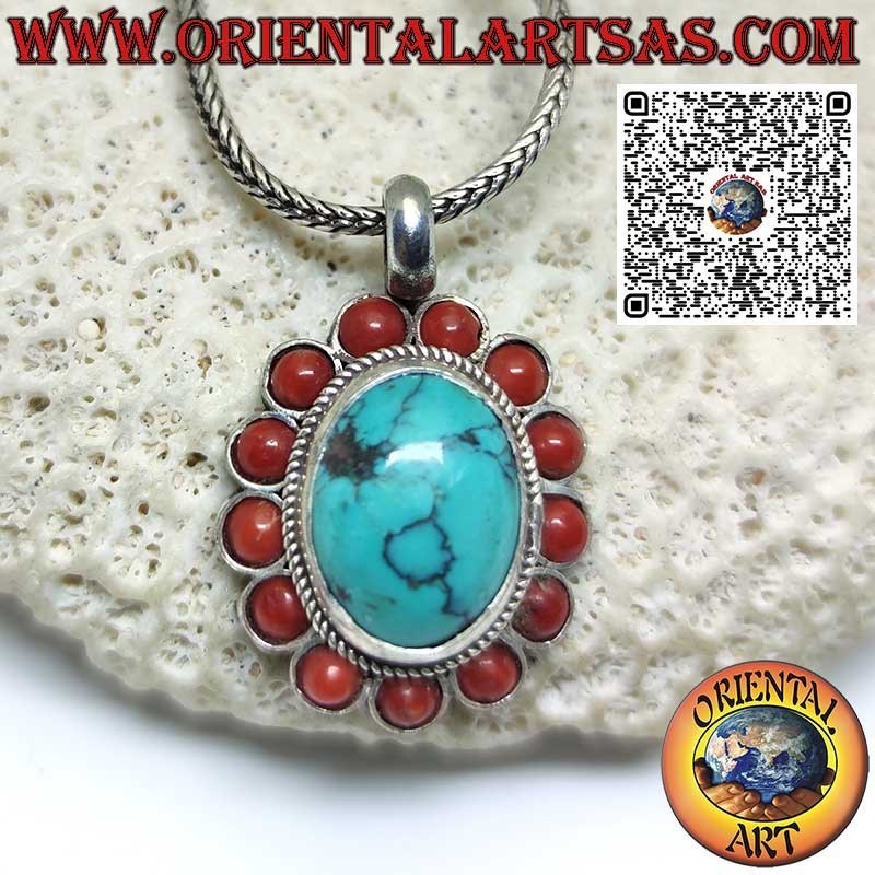 Pendentif en argent avec turquoise tibétaine naturelle ovale et 13 coraux