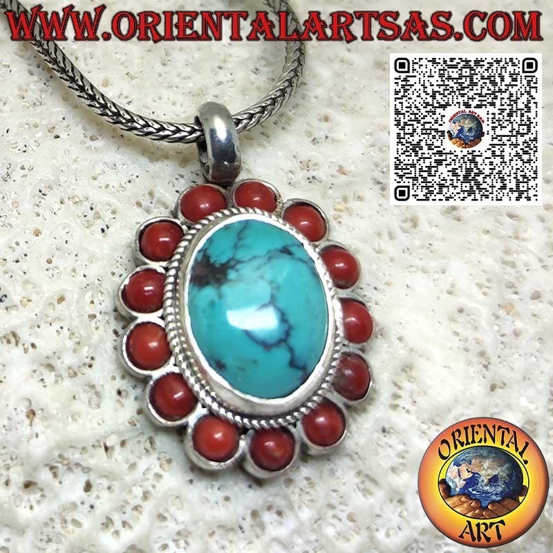 Colgante de plata con turquesa tibetana natural ovalada y 13 corales