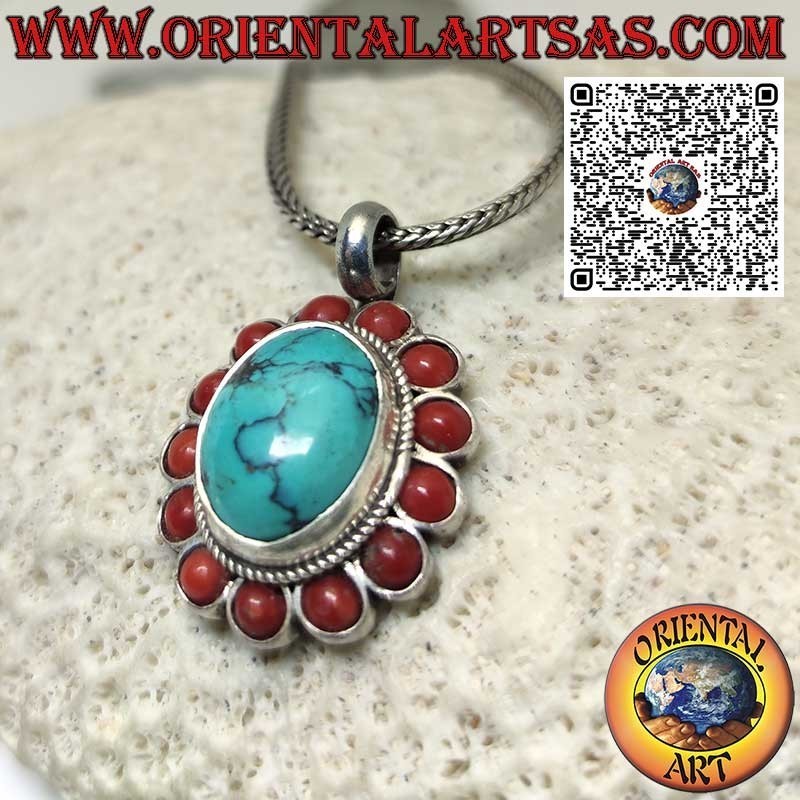 Colgante de plata con turquesa tibetana natural ovalada y 13 corales