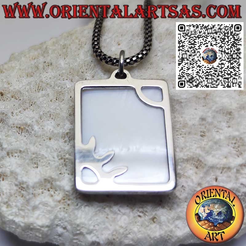 Pendentif rectangulaire en argent avec rayons de soleil sur nacre