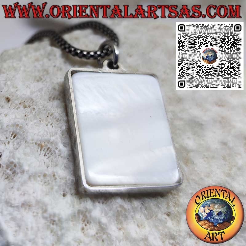 Rectangular silver pendant with sun rays on mother-of-pearl