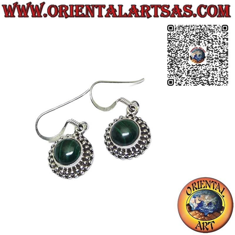 Boucles d'oreilles en argent avec Malachite ronde sertie de sphères