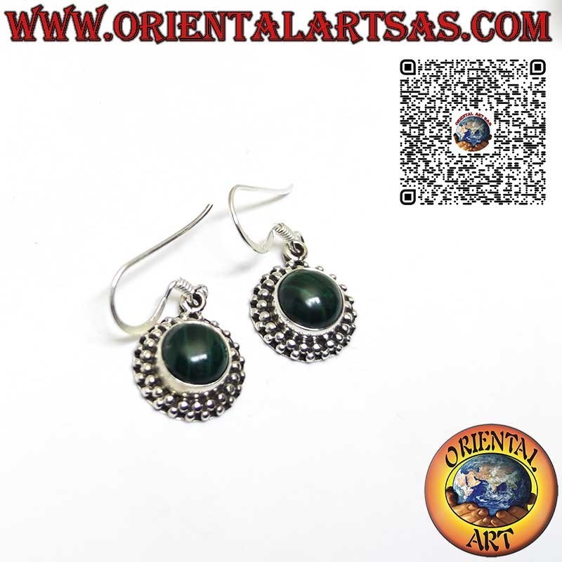 Silver earrings with round Malachite set surrounded by spheres