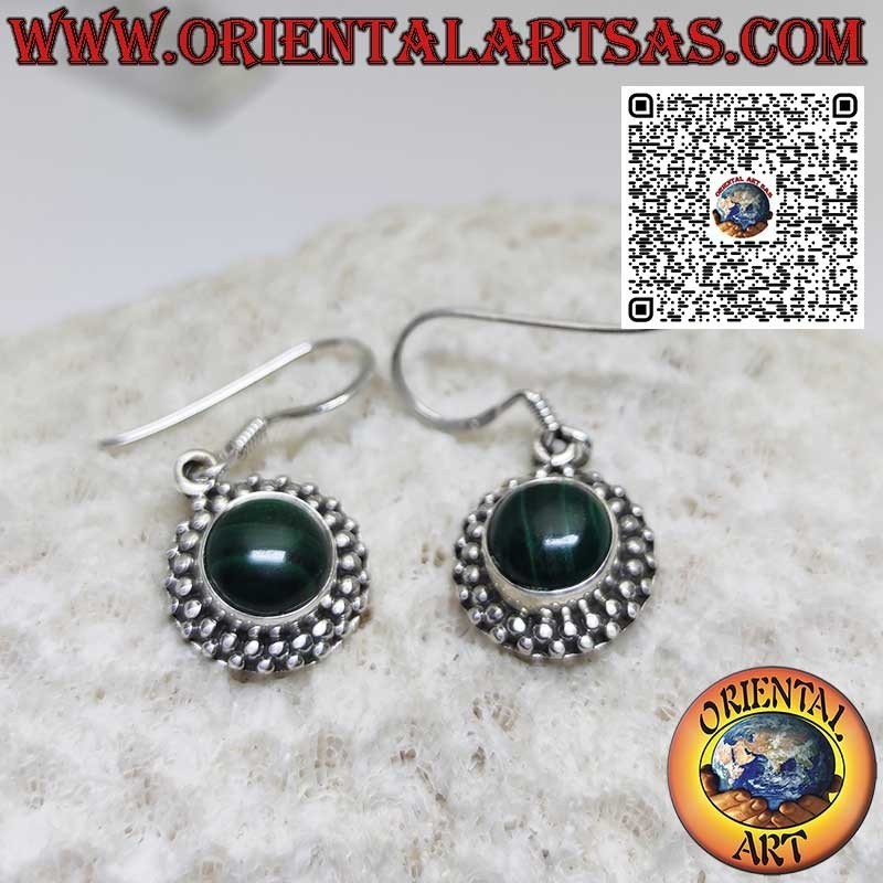 Silver earrings with round Malachite set surrounded by spheres