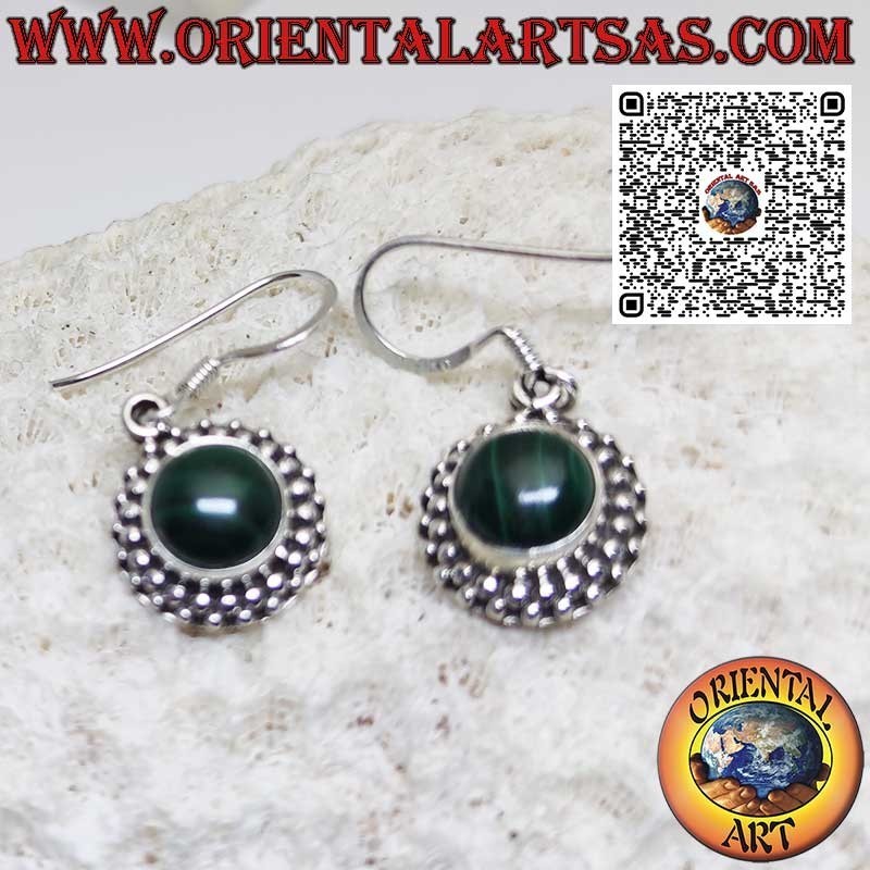 Silver earrings with round Malachite set surrounded by spheres
