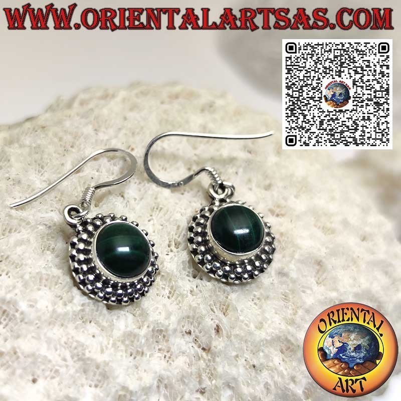 Boucles d'oreilles en argent avec Malachite ronde sertie de sphères