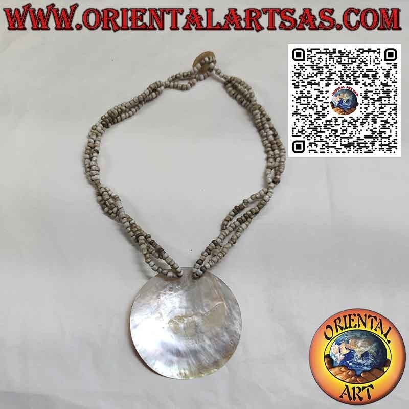 Handmade choker necklace with large round mother of pearl and beads