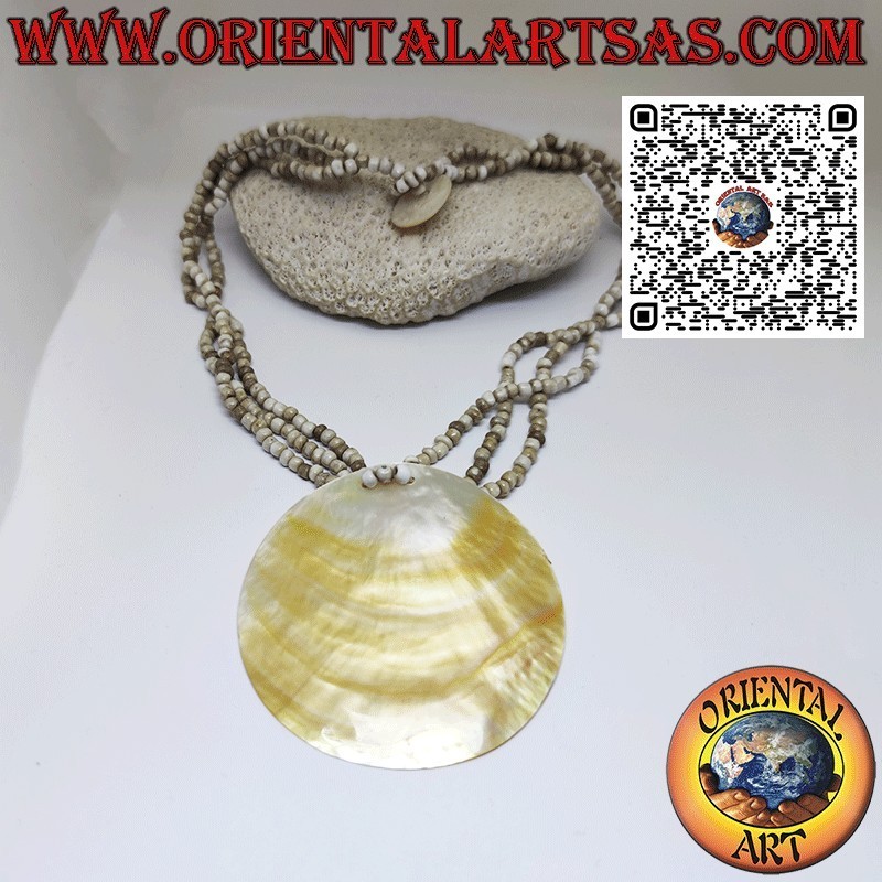 Handmade choker necklace with large round mother of pearl and beads