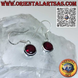 Silver earrings with round faceted garnet with simple edge