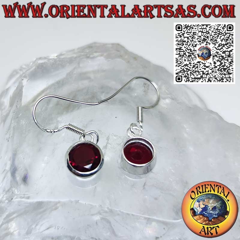 Silver earrings with round faceted garnet with simple edge
