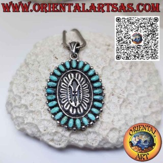 Native American shield silver pendant with natural turquoises