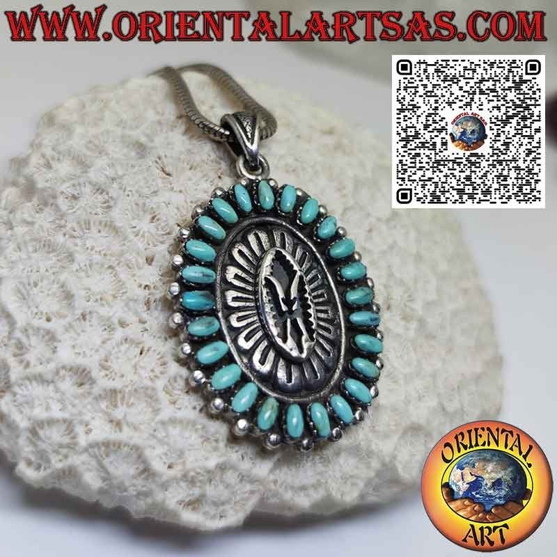 Pendentif en argent bouclier amérindien avec turquoises naturelles