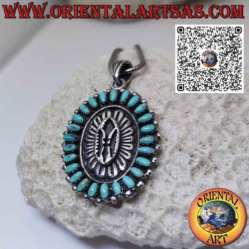 Native American shield silver pendant with natural turquoises