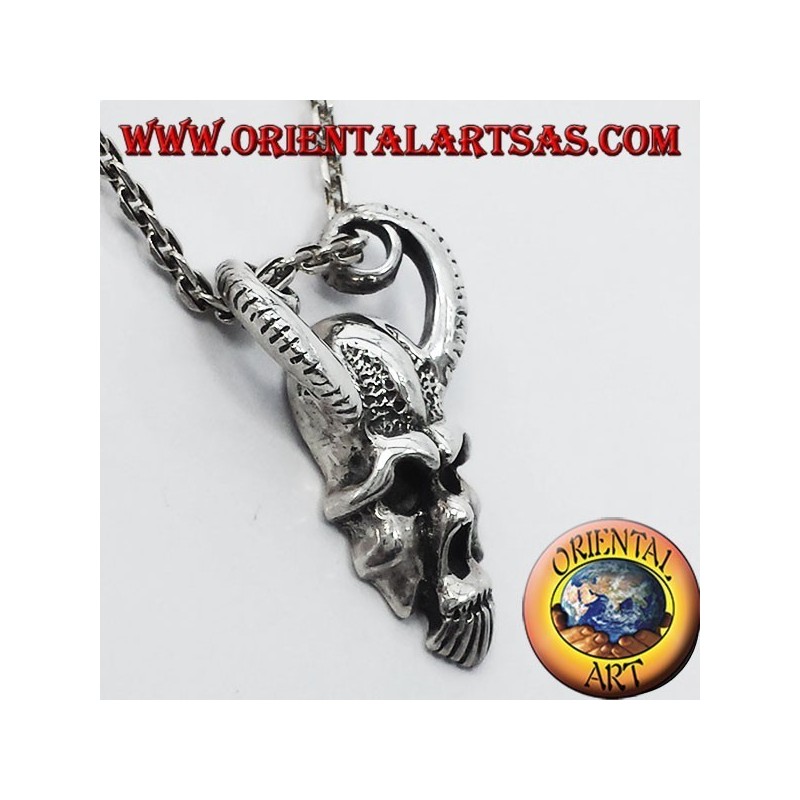 Ciondolo in solido argento Teschio umano con corna di ariete Baphomet