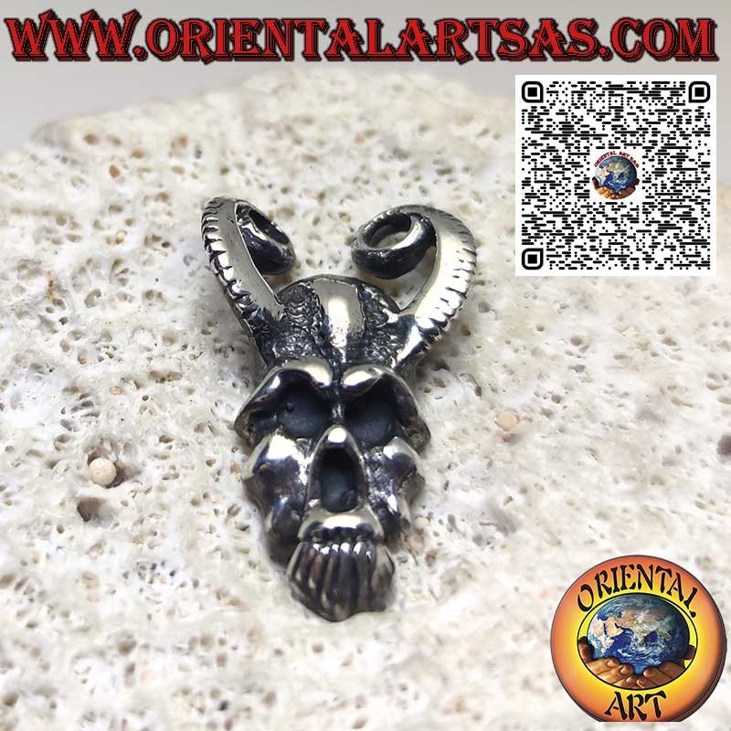 Solid silver pendant Human skull with ram horns, Baphomet