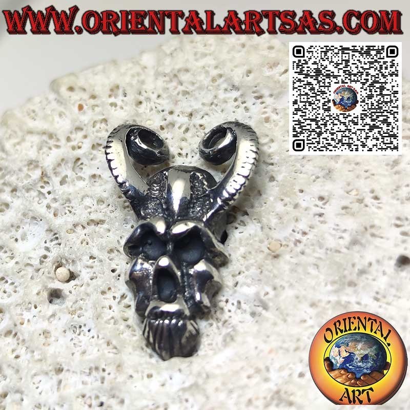 Solid silver pendant Human skull with ram horns, Baphomet