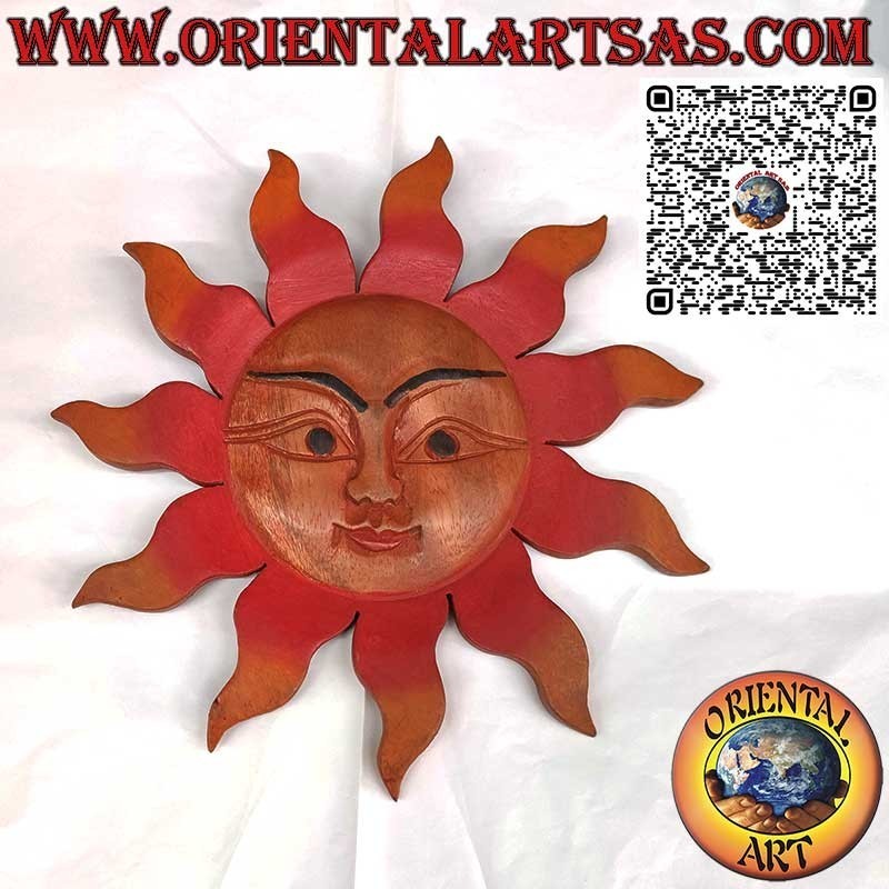 Soleil mural en bois de Suar aux couleurs chaudes (moyen) Diamètre 30 cm.