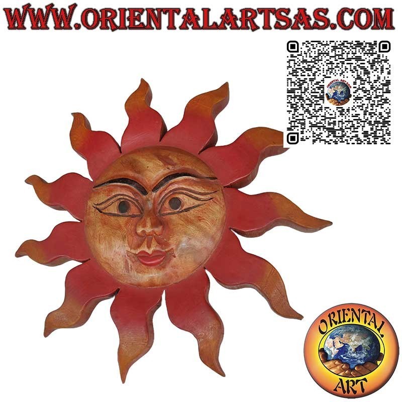 Soleil mural en bois de Suar aux couleurs chaudes (grand) Diamètre 40 cm.
