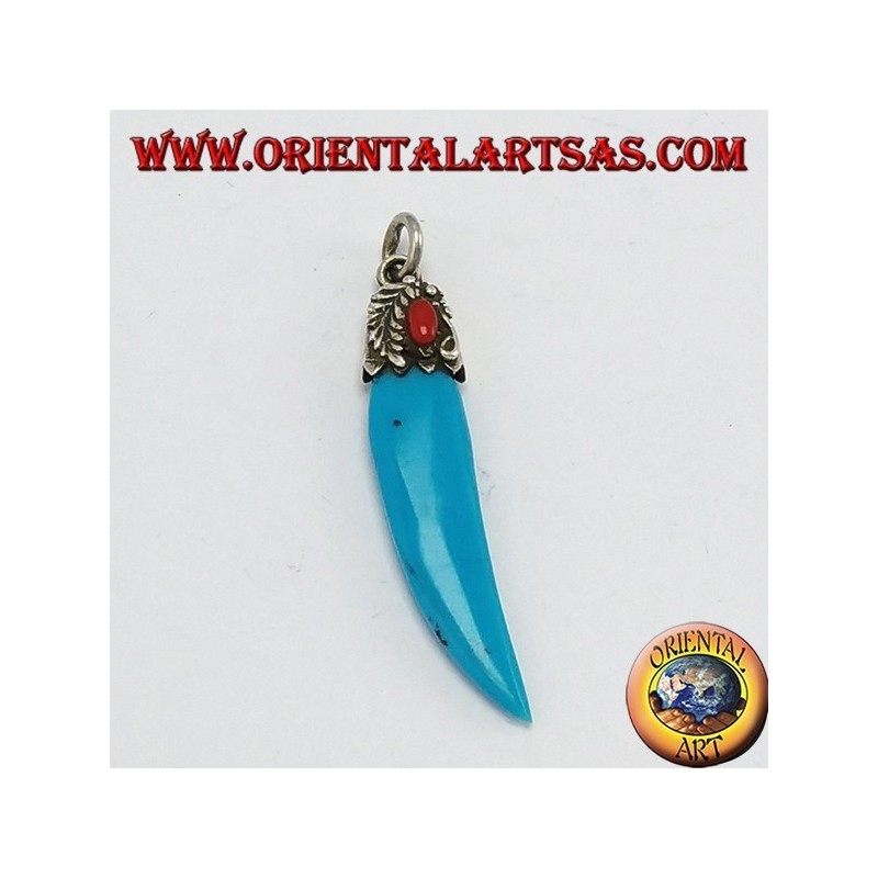 Pendentif Corne de pâtes avec turquoise et corail cadre en argent