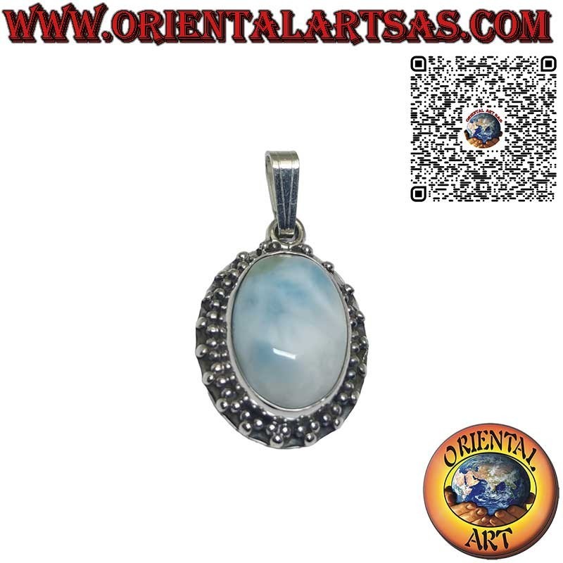 Silver pendant with oval natural larimar cabochon and trio of spheres
