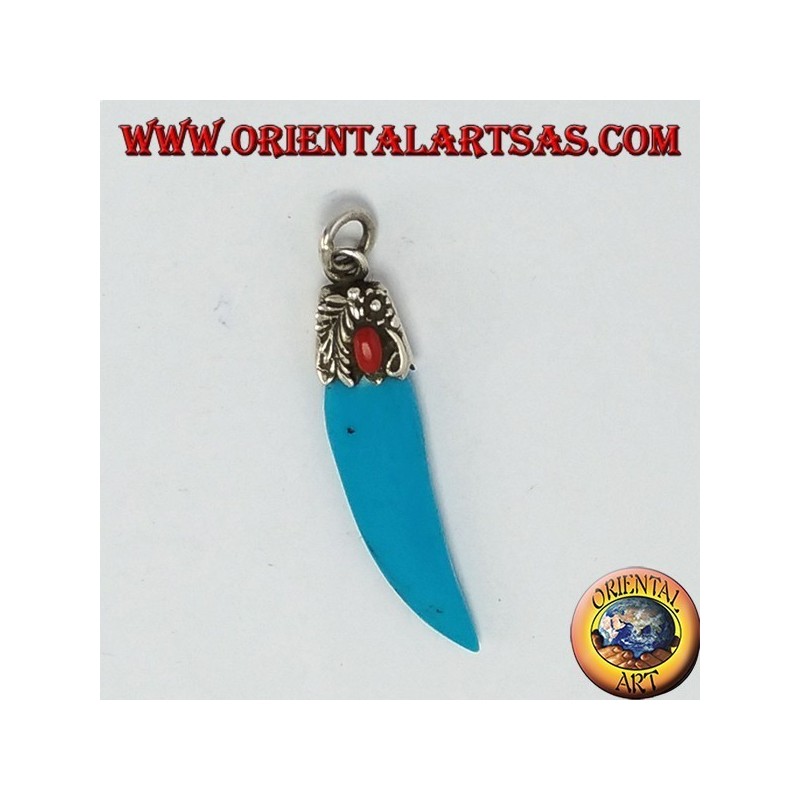 Turquoise pear horn pendant with silver and coral frame