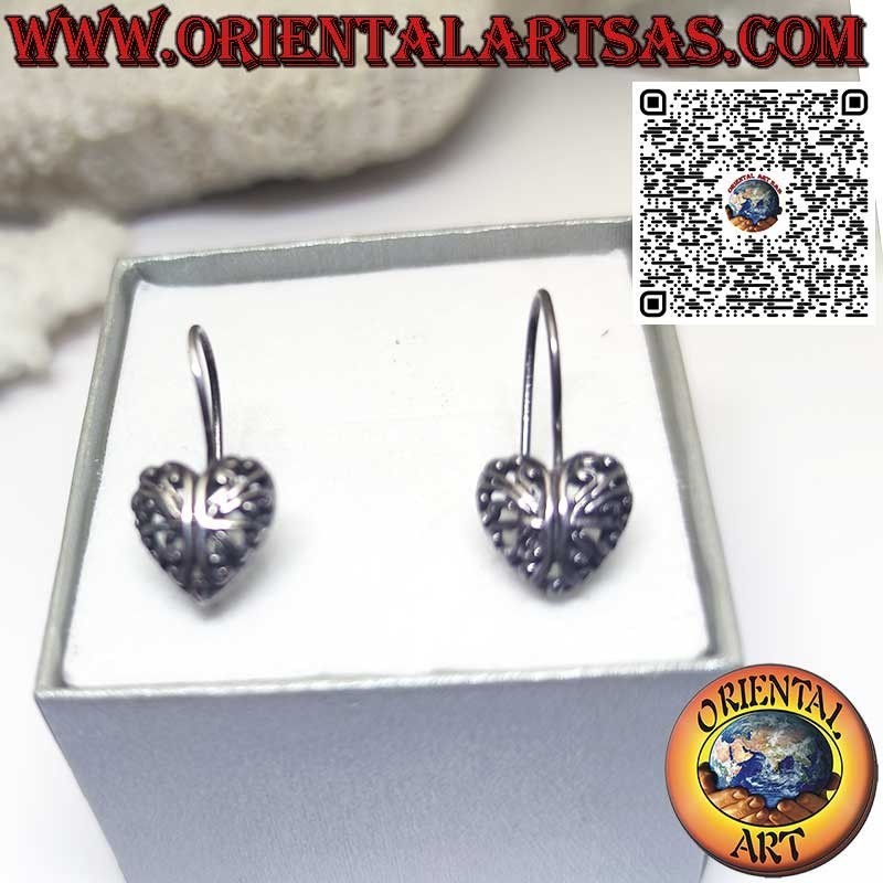 Silver lever earrings, rounded openwork heart in baroque style