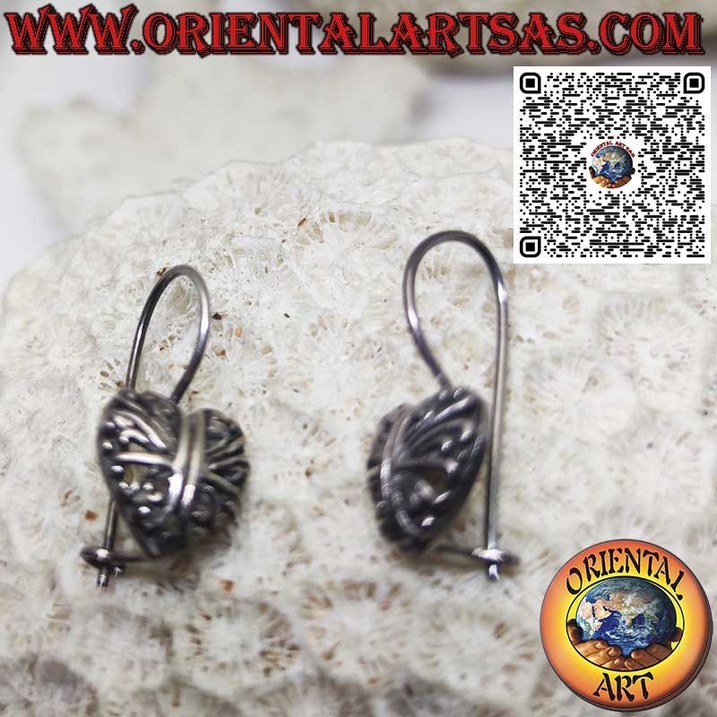 Silver lever earrings, rounded openwork heart in baroque style
