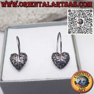 Silver lever earrings, rounded openwork heart in baroque style