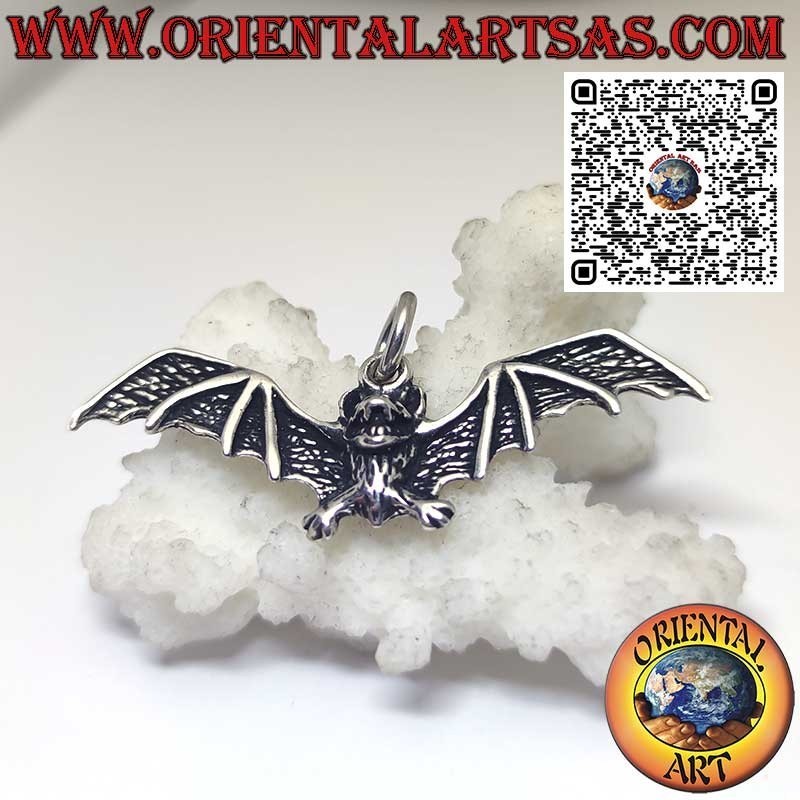 silver pendant, bat with open wings