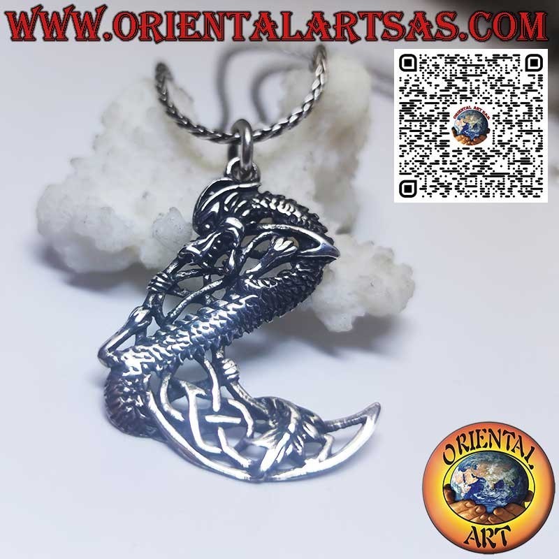 Silver Pendant, Dragon Coiled on Celtic Moon