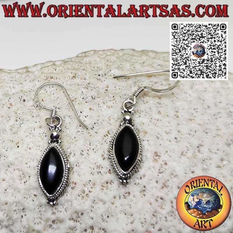Silver earrings with onyx shuttle surrounded by braid and spheres