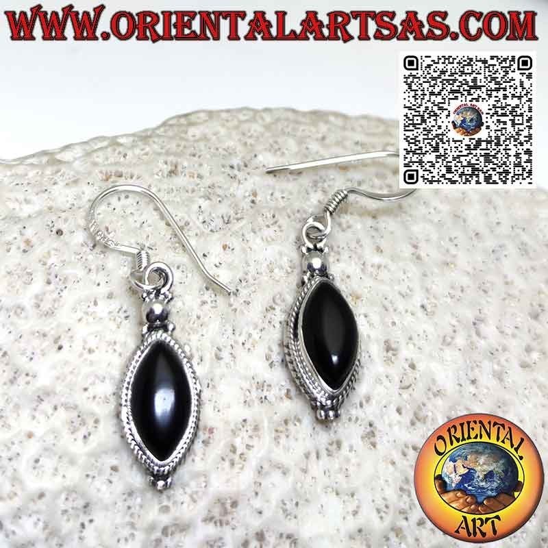 Boucles d'oreilles en argent avec onyx navette entouré de galon et de sphères