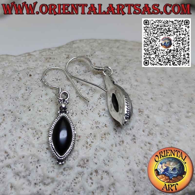Boucles d'oreilles en argent avec onyx navette entouré de galon et de sphères