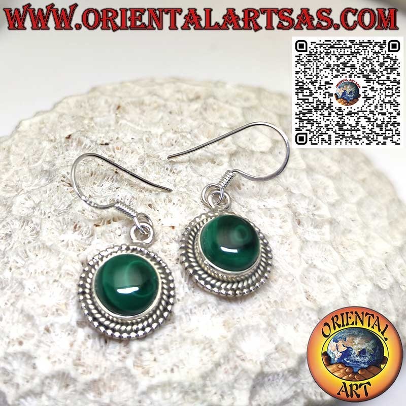 Boucles d'oreilles en argent avec Malachite ronde entourée de galon et de sphères