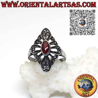 Silver ring with oval carnelian and marcasite on shuttle setting