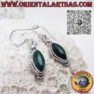 Orecchini in argento con malachite a navetta e  bordo con treccia